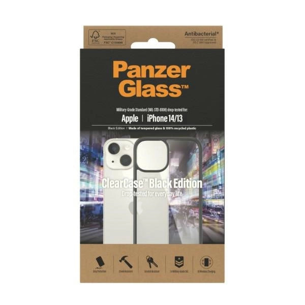 PanzerGlass ClearCase antibakteriel æske til iPhone 14 / 15 / 13 - gennemsigtig og sort