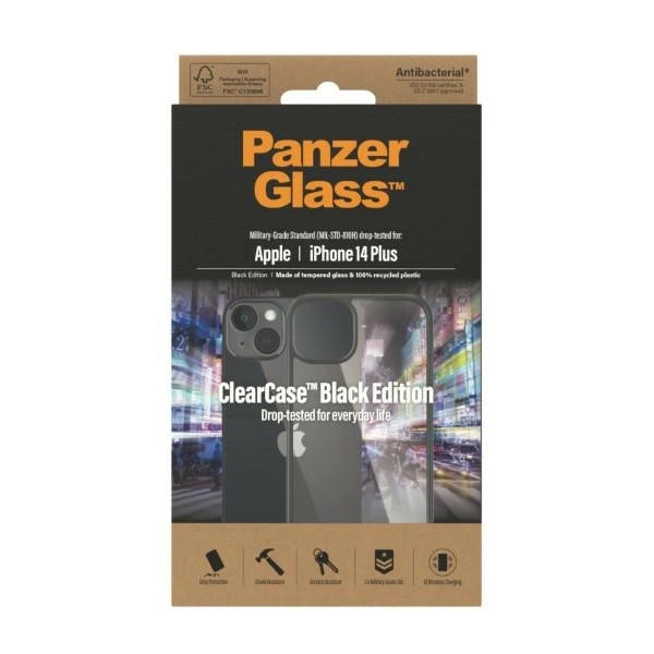 PanzerGlass ClearCase antibakterielt fodtøj til iPhone 14 Plus / 15 Plus - gennemsigtigt og sort
