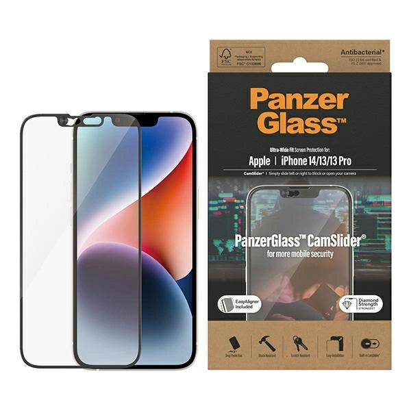 PanzerGlass Ultra-Wide Fit antibakterielt tempereret glas med kameraomslag og positioner til iPhone 14/13/13 Pro