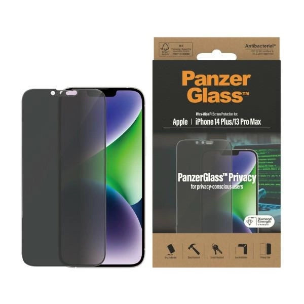 PanzerGlass Ultra-Wide Fit tempereret glas antibakterielt privatliv for iPhone 14 Plus/13 Pro Max