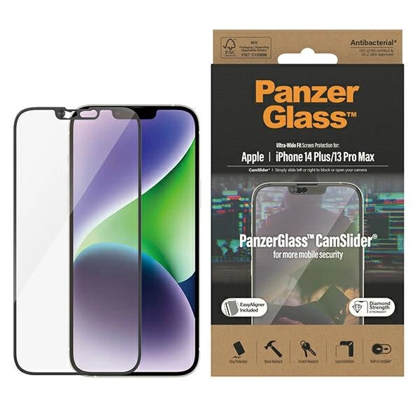 PanzerGlass Ultra-Wide Fit antibakterielt hærdet glas med kameraomslag og positioner iPhone 14 Plus / 13 Pro Max