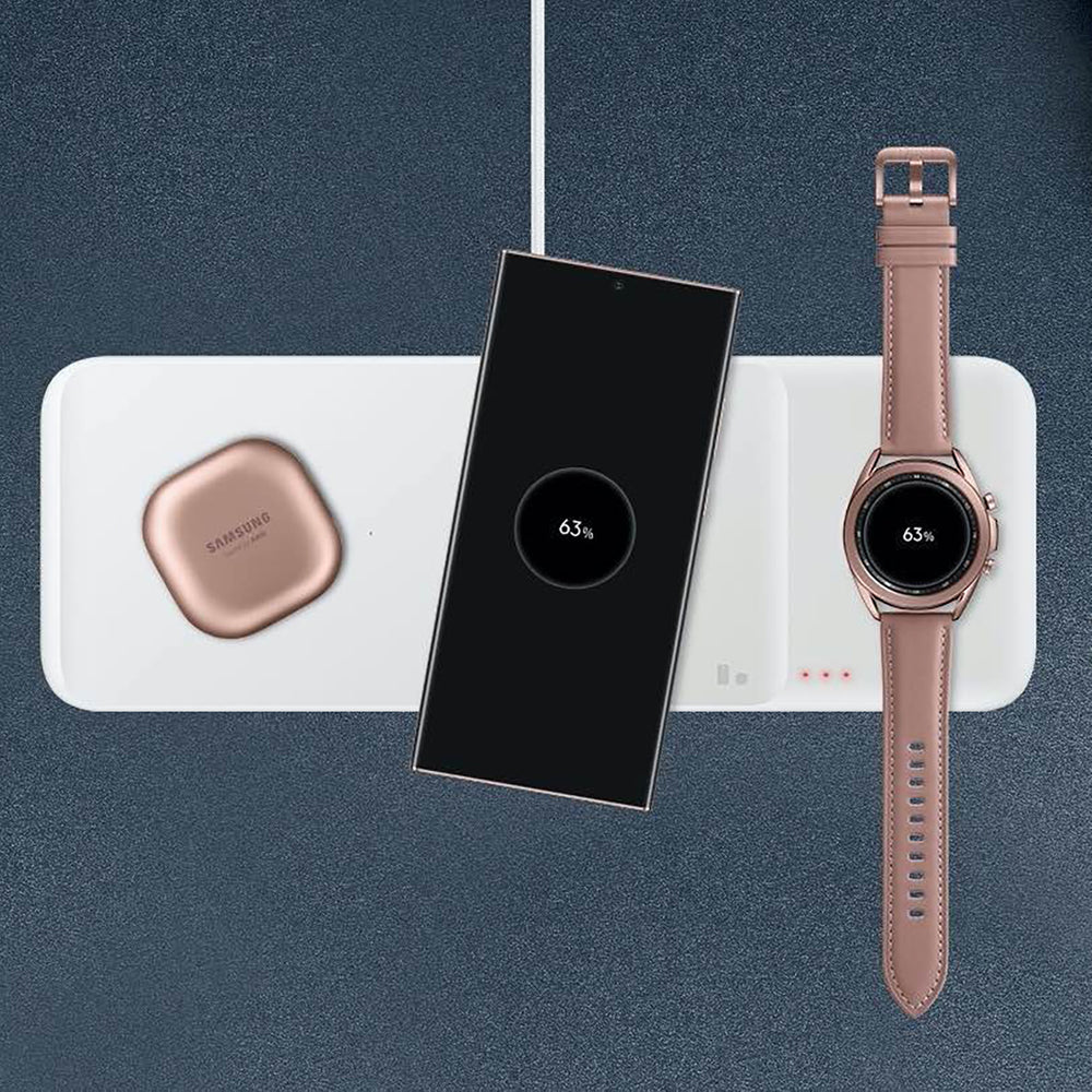 Samsung Trio EP-P6300TWEGEU 3in1 induktiv oplader til telefon / Galaxy Watch / Buds - hvid + strømoplader + kabel