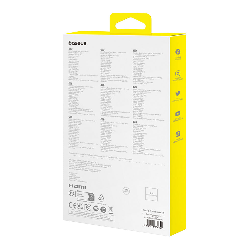 HUB Baseus PortalJoy Series 13in1 USB-C - 2x HDMI / DP / VGA / USB-A 3.1 / USB-C 3.1 / USB-A 2.0 / PD / RJ45 / SD / TF / AUX - gray