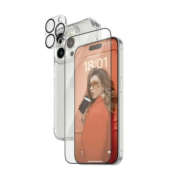 PanzerGlass Bundle 3in1 sæt gennemsigtigt etui + folie + kameraomslag til iPhone 15 Pro