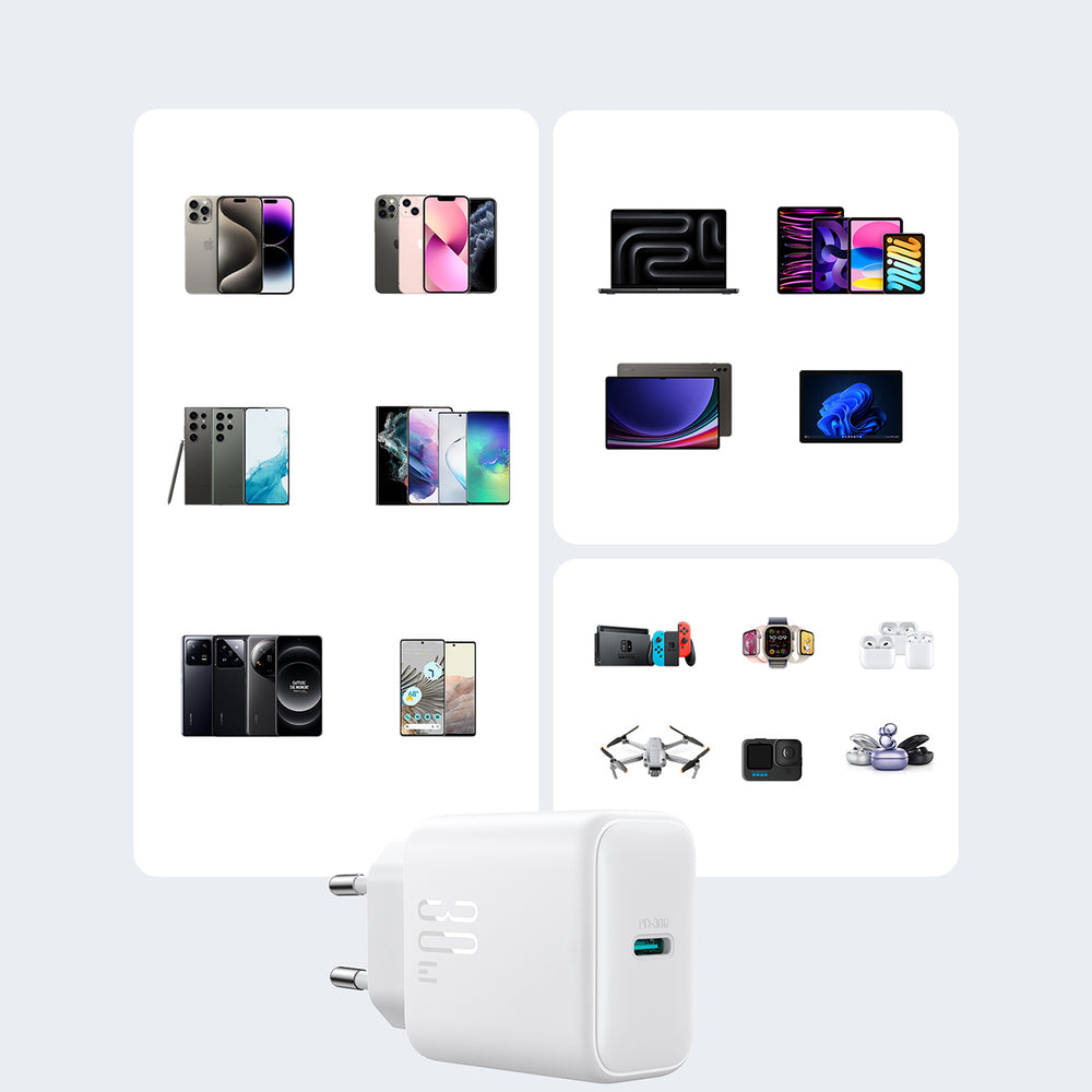 Joyroom JR-TCF24 USB-C PD 30W QC SFC netværksoplader - hvid + 1m USB-C kabel