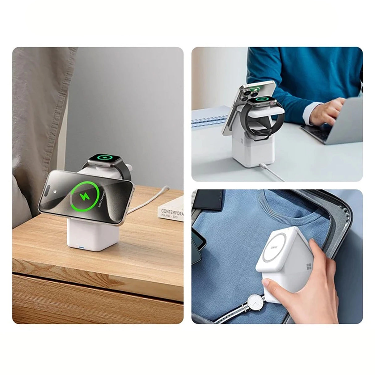 Duzzona W20 15W 4in1 induktiv oplader til iPhone / AirPods / Apple Watch med natlampe - hvid