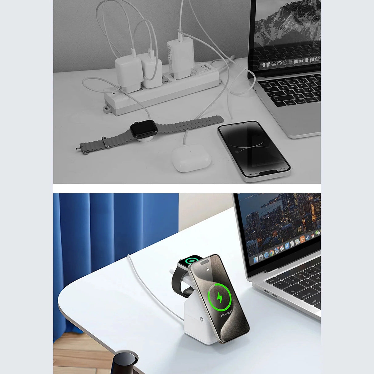 Duzzona W20 15W 4in1 induktiv oplader til iPhone / AirPods / Apple Watch med natlampe - hvid