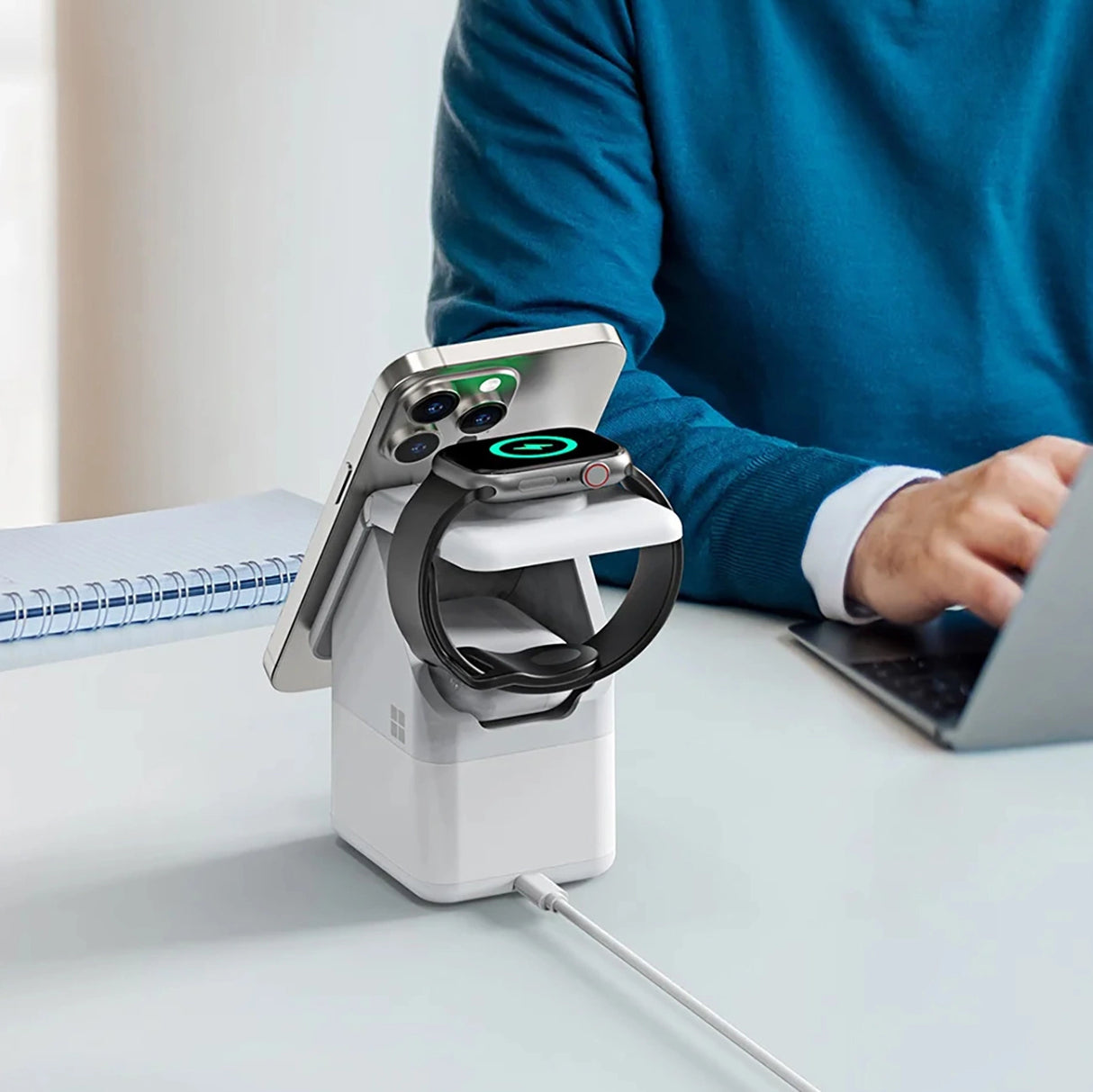 Duzzona W20 15W 4in1 induktiv oplader til iPhone / AirPods / Apple Watch med natlampe - hvid