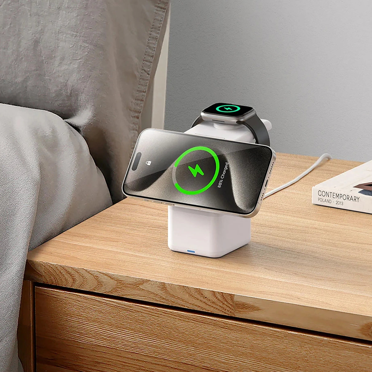 Duzzona W20 15W 4in1 induktiv oplader til iPhone / AirPods / Apple Watch med natlampe - hvid