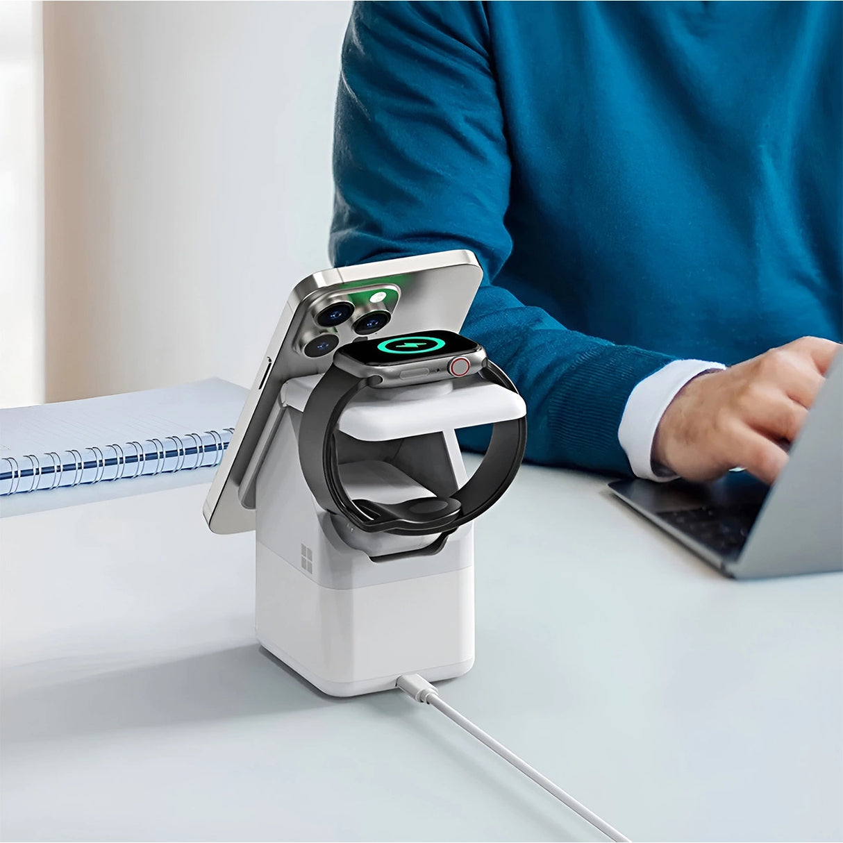 Duzzona W20 15W 4in1 induktiv oplader til iPhone / AirPods / Apple Watch med natlampe - hvid