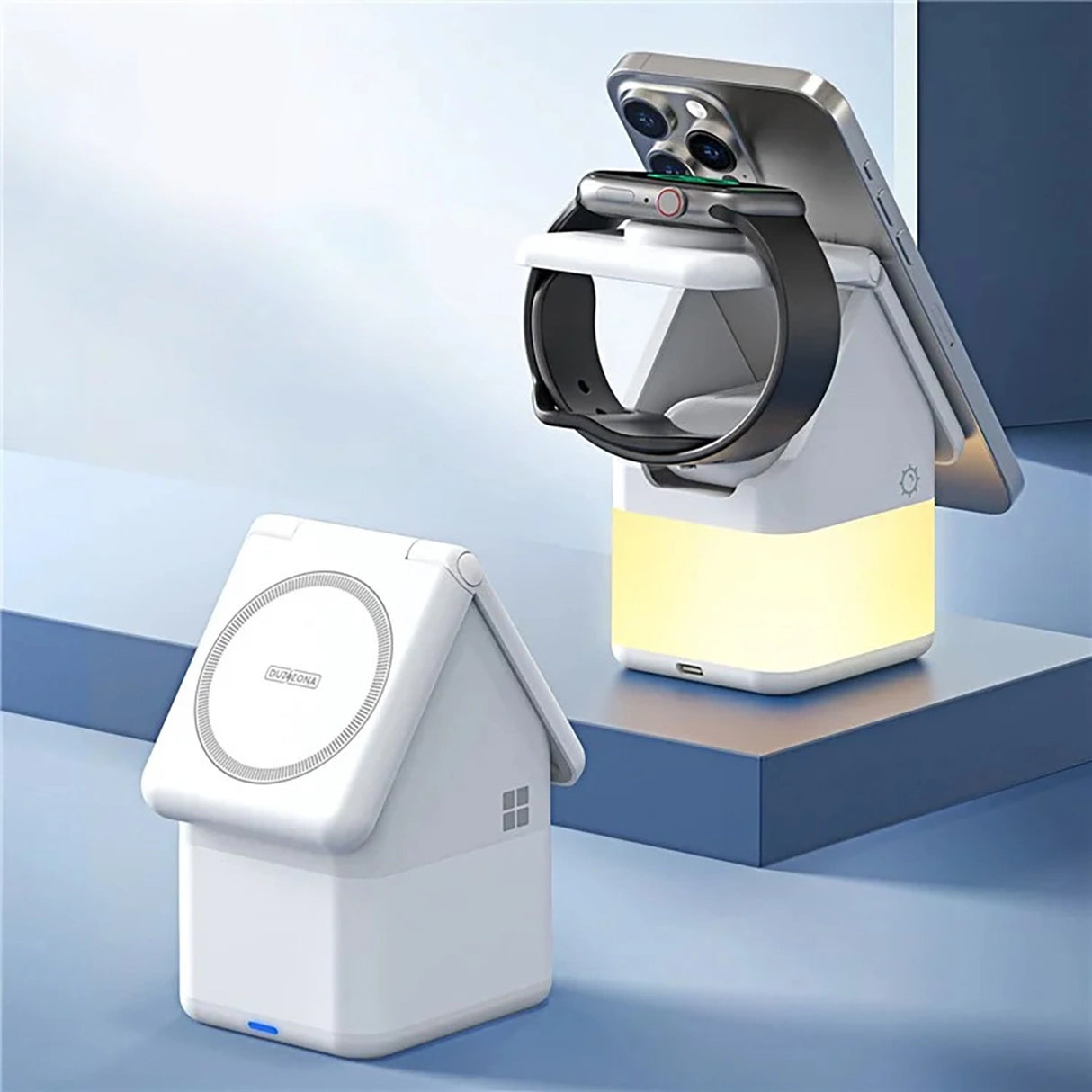 Duzzona W20 15W 4in1 induktiv oplader til iPhone / AirPods / Apple Watch med natlampe - hvid