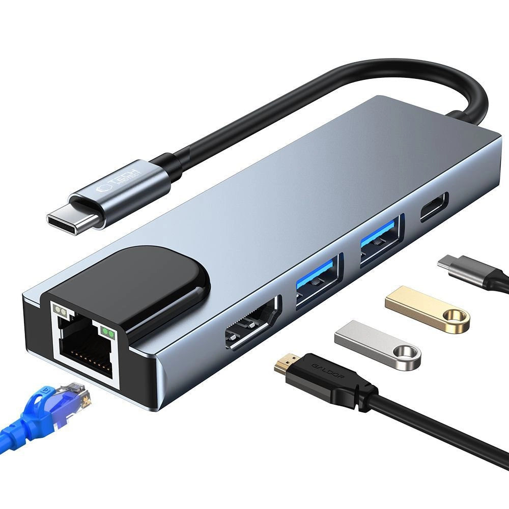 HUB Tech-Protect V3 5in1 USB-C - USB-A 3.0 / USB-A 2.0 / USB-C / HDMI / RJ45 - grå