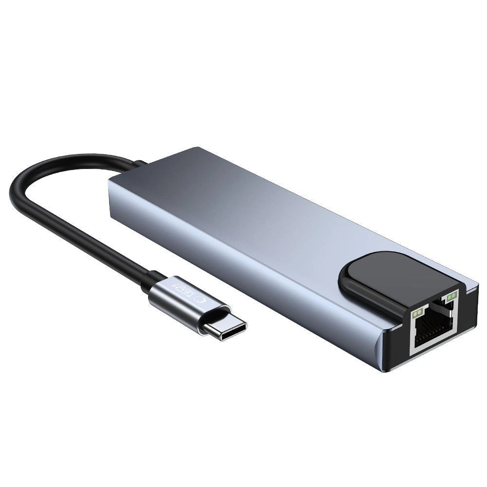 HUB Tech-Protect V3 5in1 USB-C - USB-A 3.0 / USB-A 2.0 / USB-C / HDMI / RJ45 - grå
