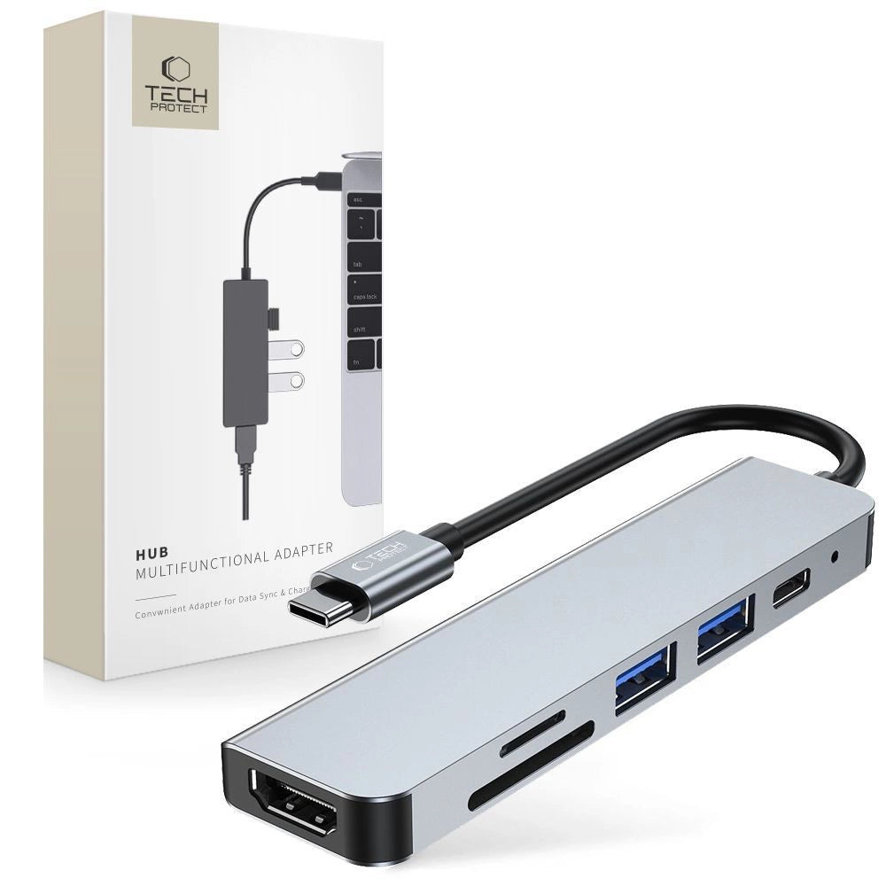 HUB Tech-Protect V4 6in1 USB-C - USB-A 3.0 / USB-A 2.0 / USB-C / HDMI / micro SD / TF / SD-kortlæser - grå