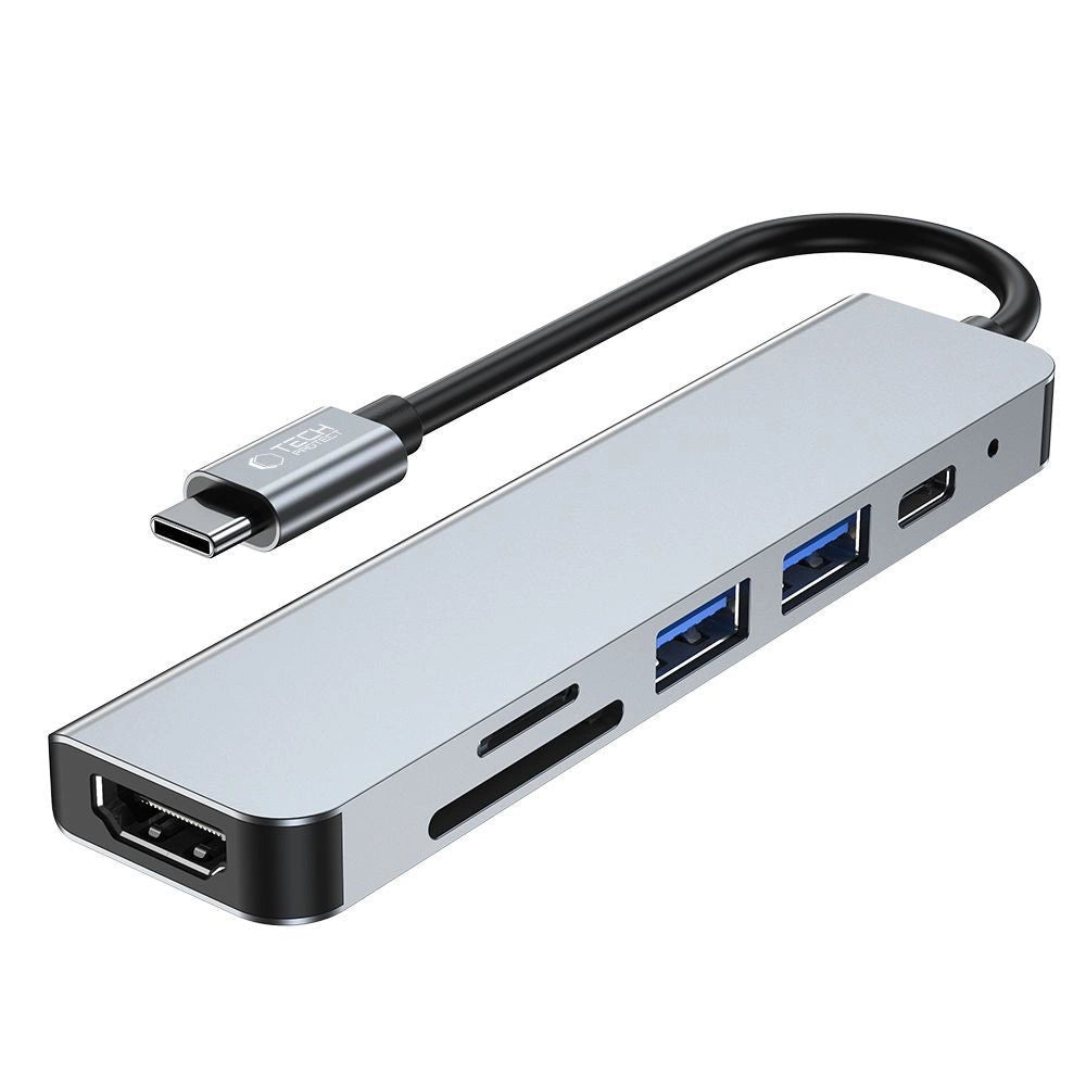 HUB Tech-Protect V4 6in1 USB-C - USB-A 3.0 / USB-A 2.0 / USB-C / HDMI / micro SD / TF / SD-kortlæser - grå