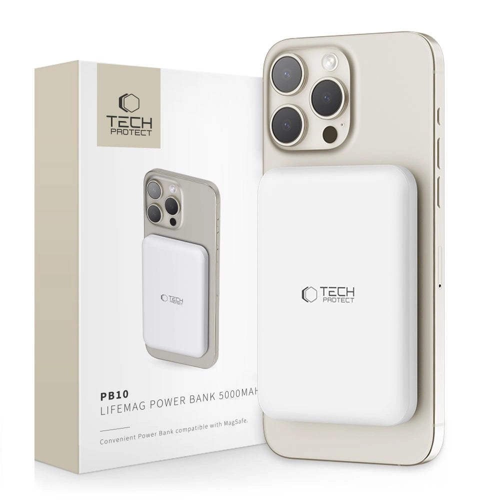 Tech-Protect LifeMag PB10 Powerbank med MagSafe 5000mAh 15W USB-C-port - hvid + USB-C-kabel