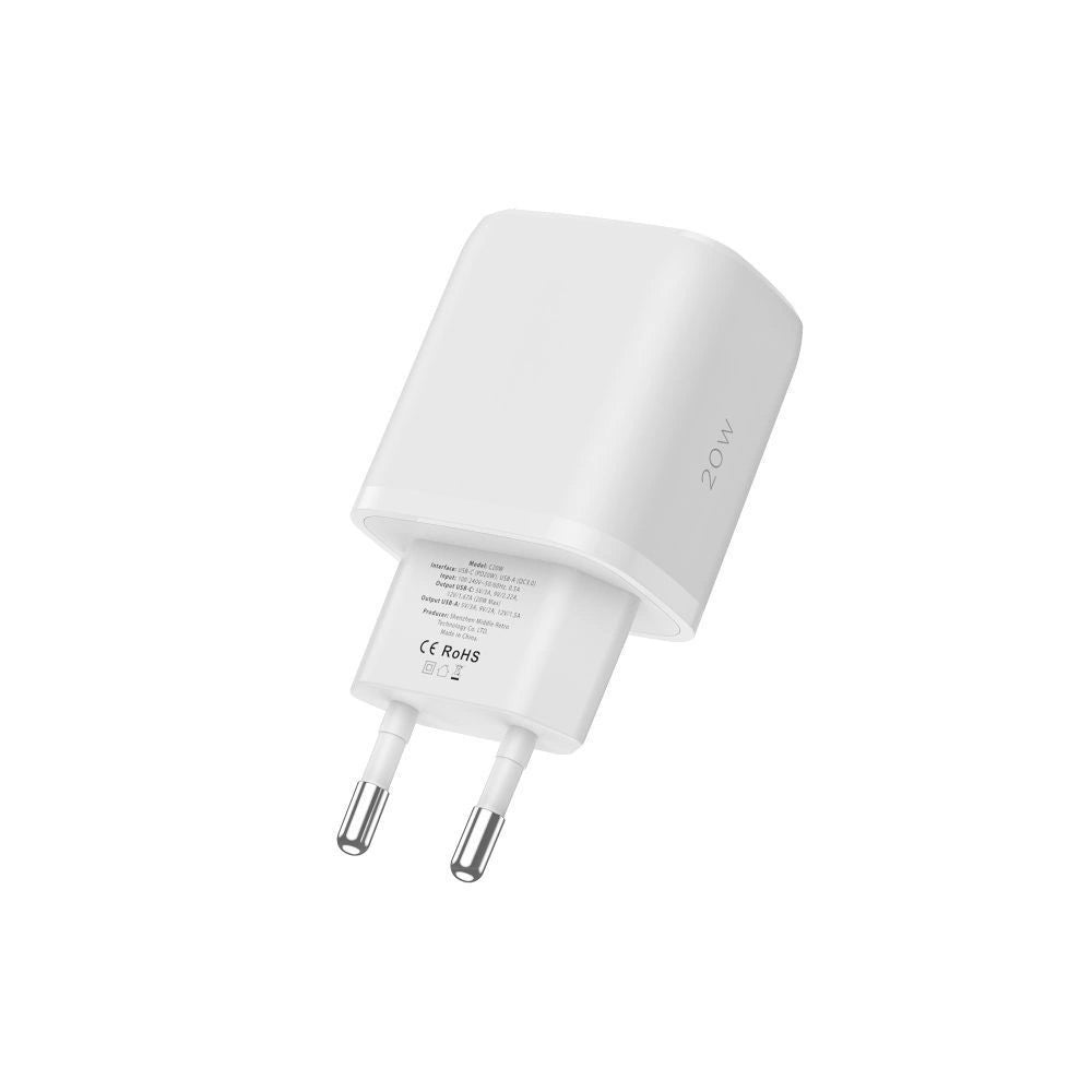 Tech-Protect C20W USB-C PD 20W / USB-A QC 3.0 oplader med USB-C / Lightning Cable - hvid