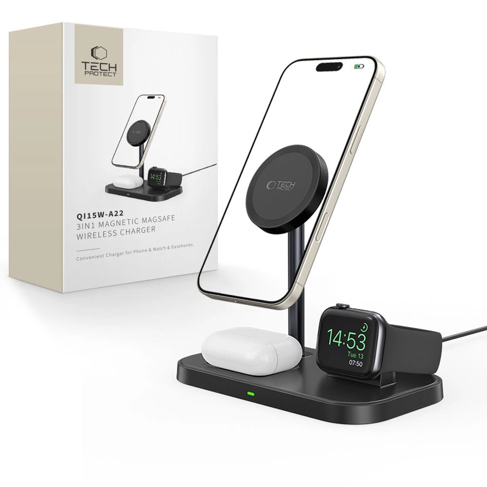 Tech-Protect QI15W-A22 MagSafe Induktiv oplader med 3in1 MagSafe Stativ til Smartphone / Apple Watch / AirPods - sort