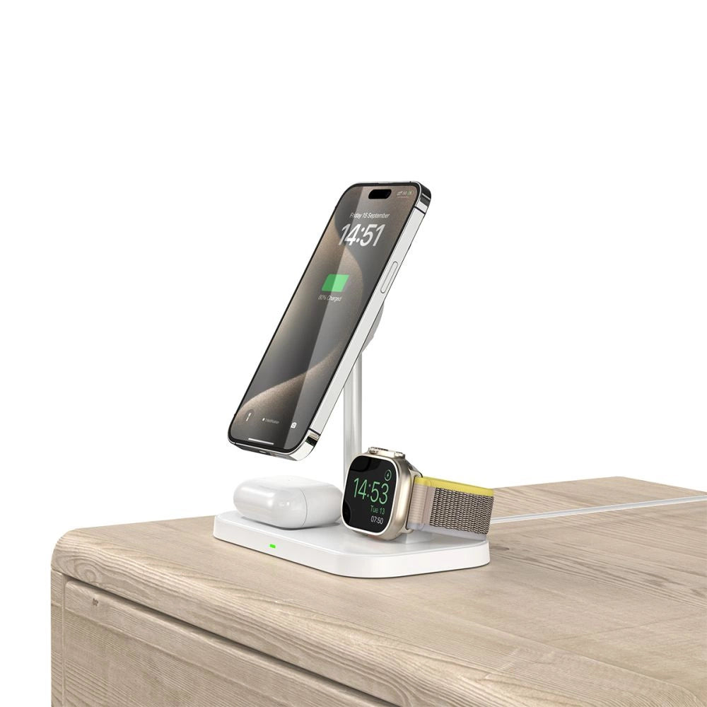 Tech-Protect QI15W-A22 MagSafe induktiv oplader med 3in1 MagSafe stativ til smartphone / Apple Watch / AirPods - hvid