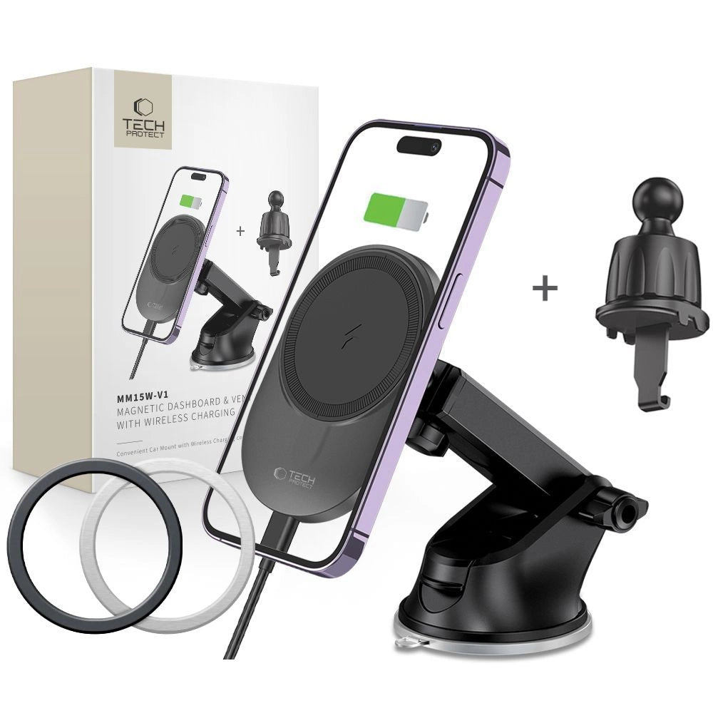 Tech-Protect MM15W-V1 Biltelefonholder med MagSafe 15W trådløs oplader til cockpit/luftventil - sort
