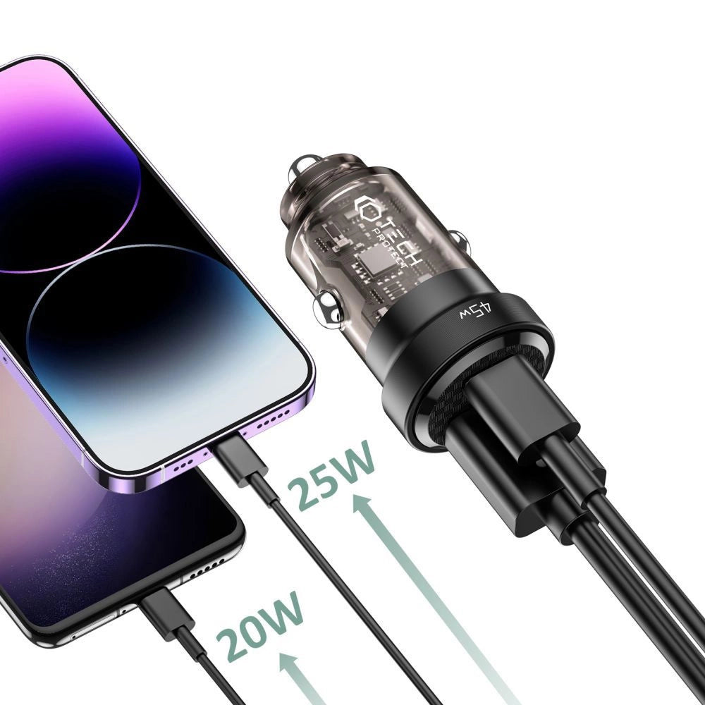 Tech-Protect CC45W Biloplader USB-C PD 45W / USB-A QC 3.0 - sort