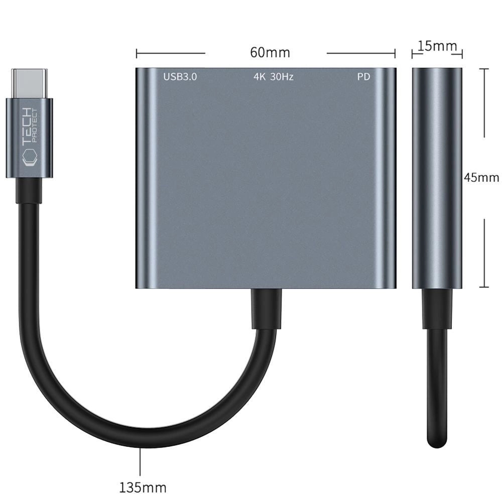 HUB Tech-Protect V1 3in1 USB-C - USB-A 3.0 / USB-C PD 100W / HDMI 4K 30Hz - grå