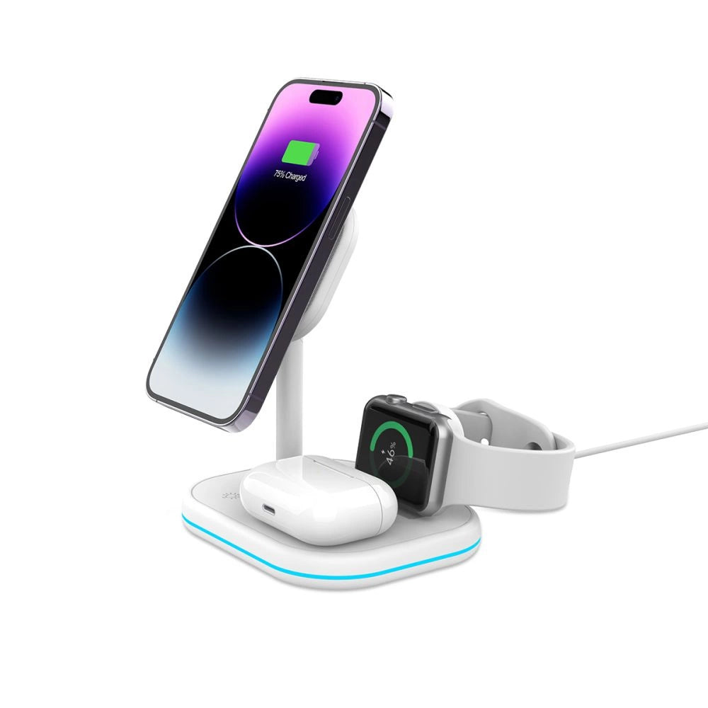 Tech-Protect QI15W-A27 3-i-1-induktiv oplader med MagSafe-stativ til smartphone / Apple Watch / AirPods - hvid