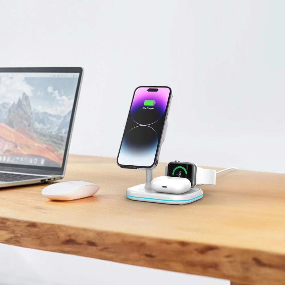 Tech-Protect QI15W-A27 3-i-1-induktiv oplader med MagSafe-stativ til smartphone / Apple Watch / AirPods - hvid