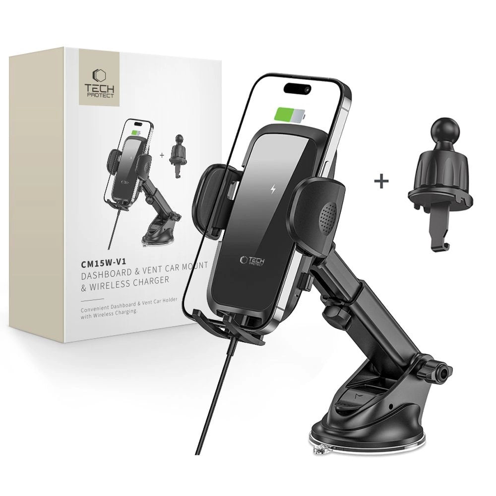 Tech-Protect CM15W-V1 Biltelefonholder med 15W induktiv oplader til cockpit/luftventil - sort