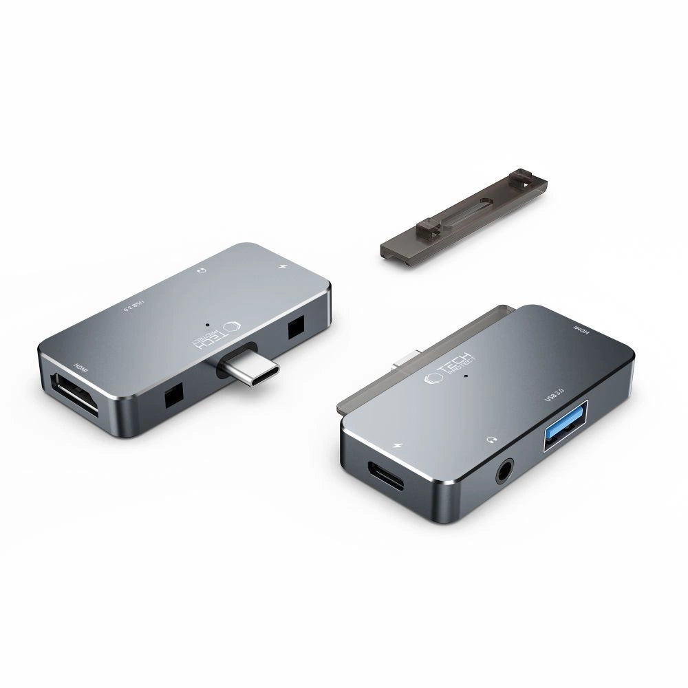 HUB Tech-Protect V6 4in1 USB-C - USB-A 3.0 / USB-C PD100W / HDMI / mini jack 3,5 mm - grå