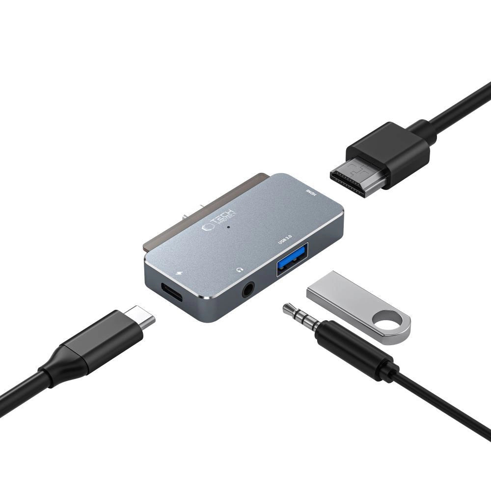 HUB Tech-Protect V6 4in1 USB-C - USB-A 3.0 / USB-C PD100W / HDMI / mini jack 3,5 mm - grå
