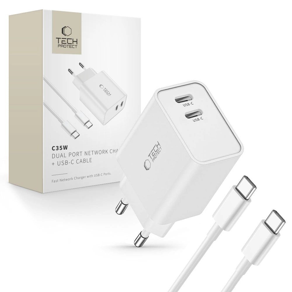Tech-Protect C35W 2x USB-C PD 35W oplader med USB-C / USB-C kabel - hvid