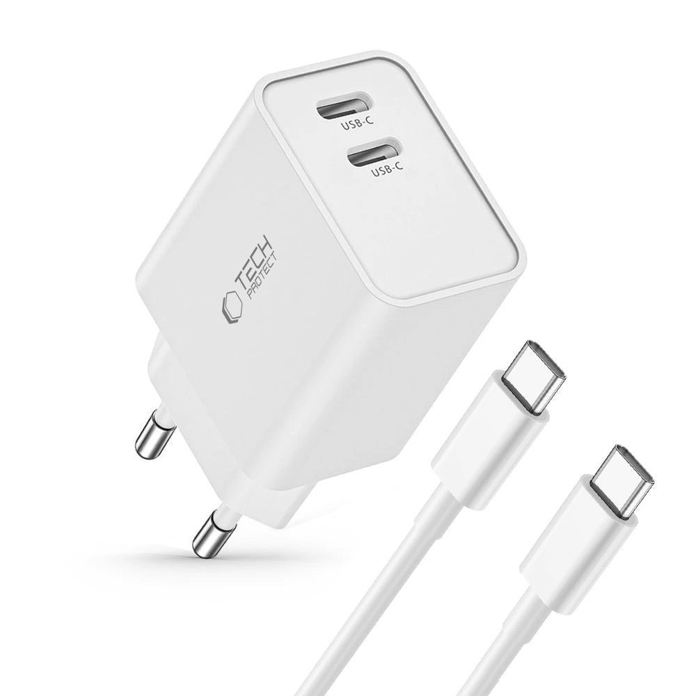 Tech-Protect C35W 2x USB-C PD 35W oplader med USB-C / USB-C kabel - hvid