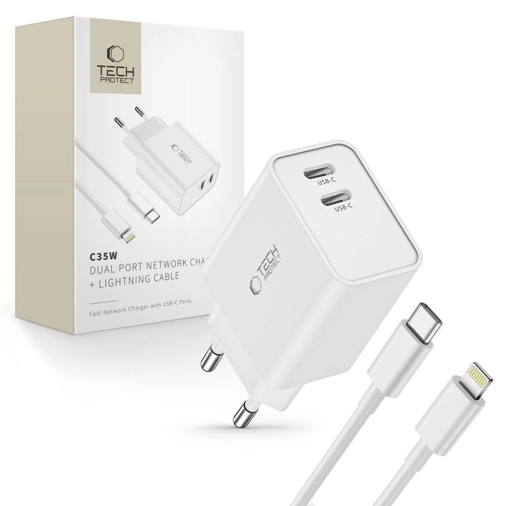 Tech-Protect C35W 2x USB-C PD 35W Wall Charger med USB-C / Lightning Cable - hvid