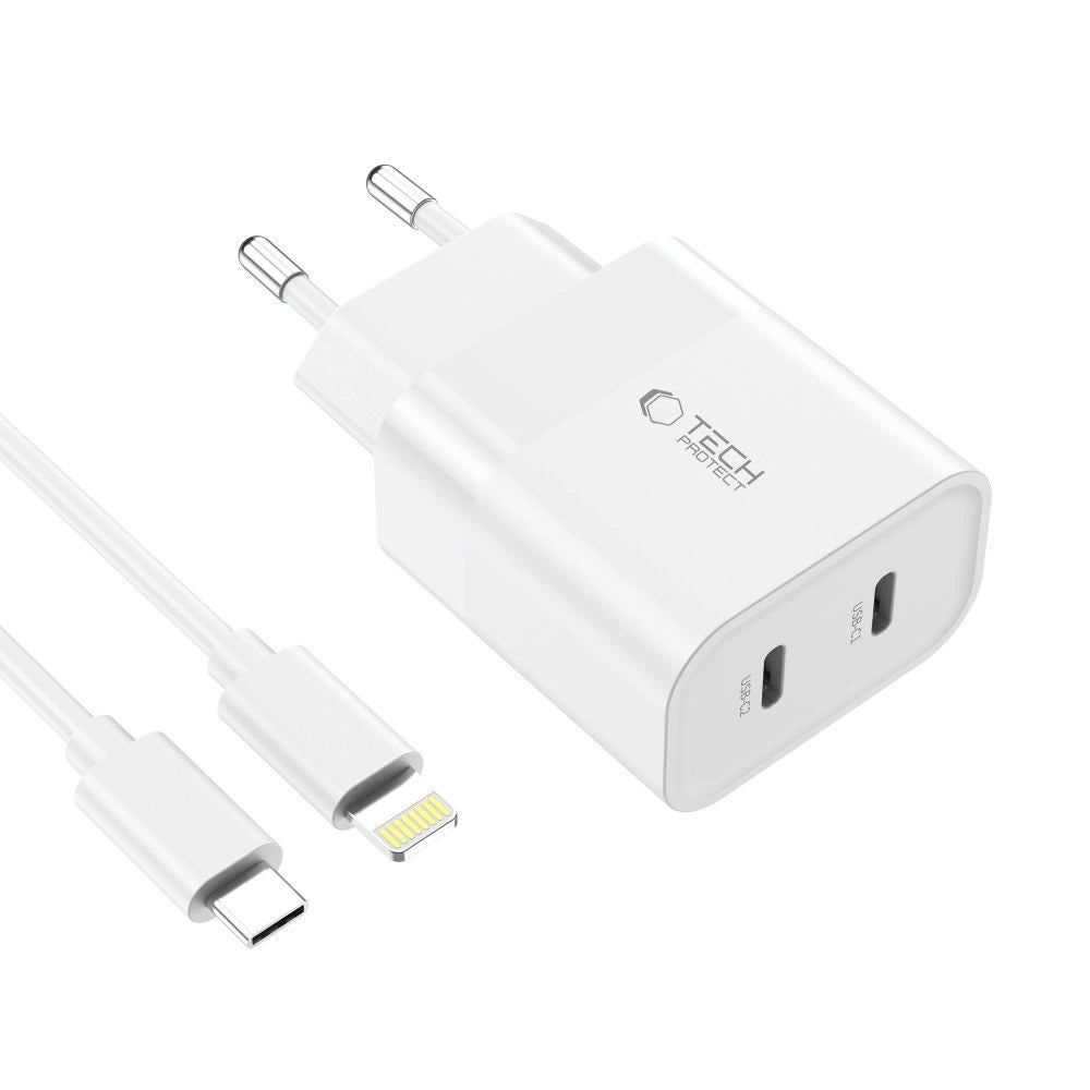 Tech-Protect C20W 2x USB-C PD 20W oplader med USB-C / USB-C kabel - hvid
