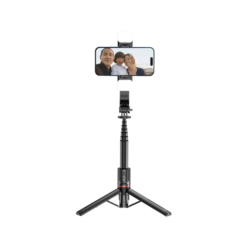 Tech-Protect L05S Bluetooth Selfie Stick med Stativ op til 105 cm med LED-lys - sort