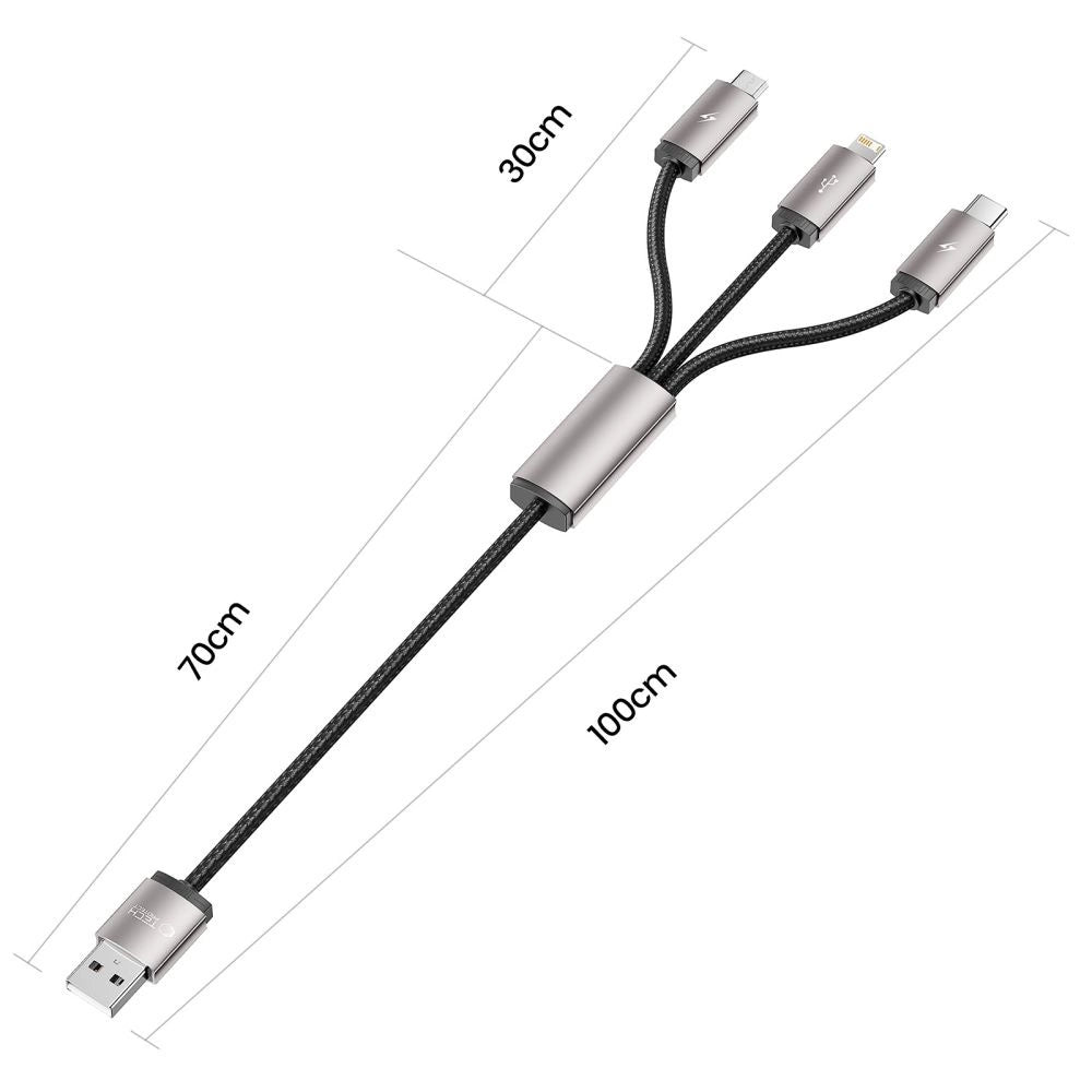 Tech-Protect UltraBoost 3in1 USB-A - Lightning / USB-C / micro USB 3.5A kabel 1m - grå