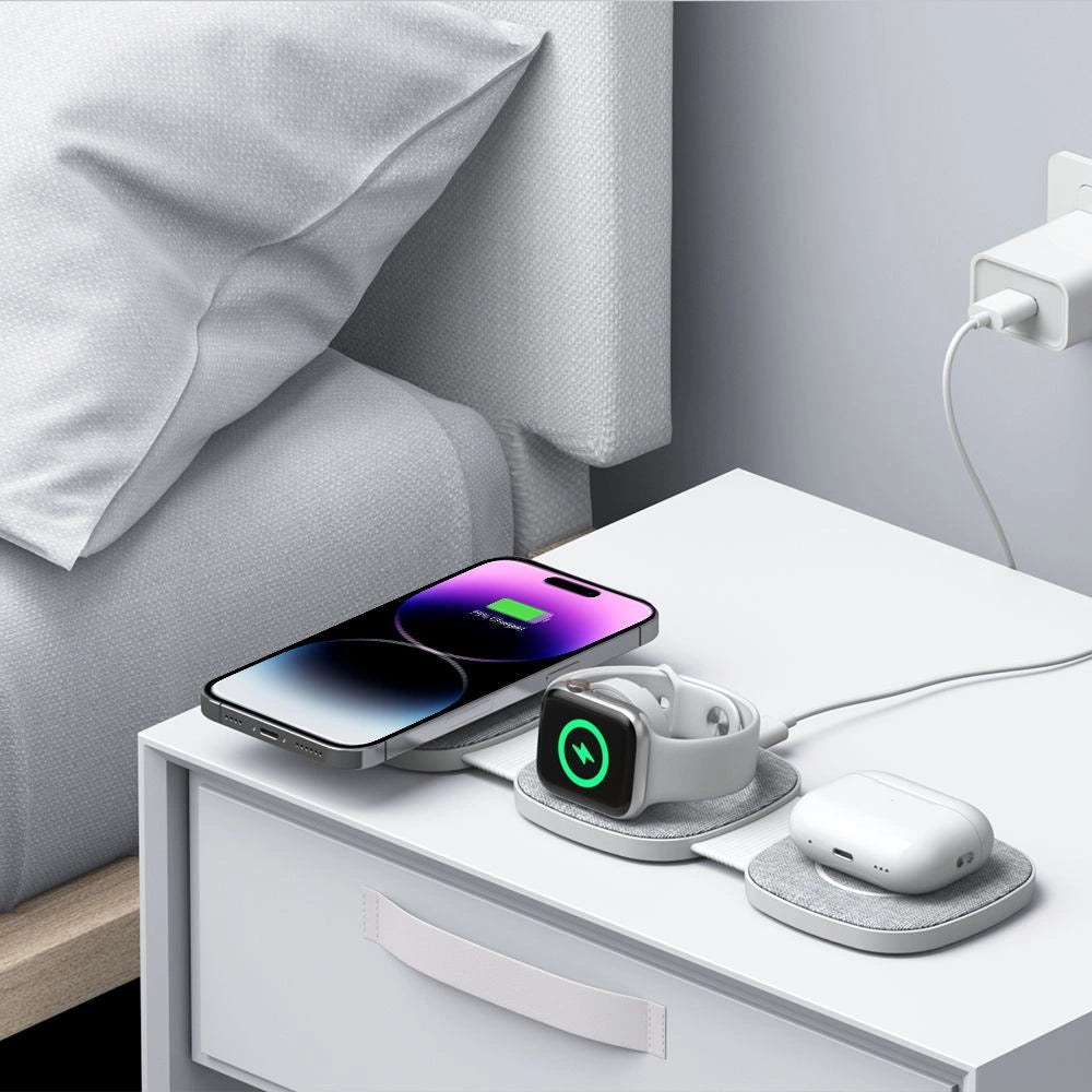 Tech-Protect QI15W-A32 3-i-1-induktiv oplader med MagSafe til smartphone / Apple Watch / AirPods - Grå