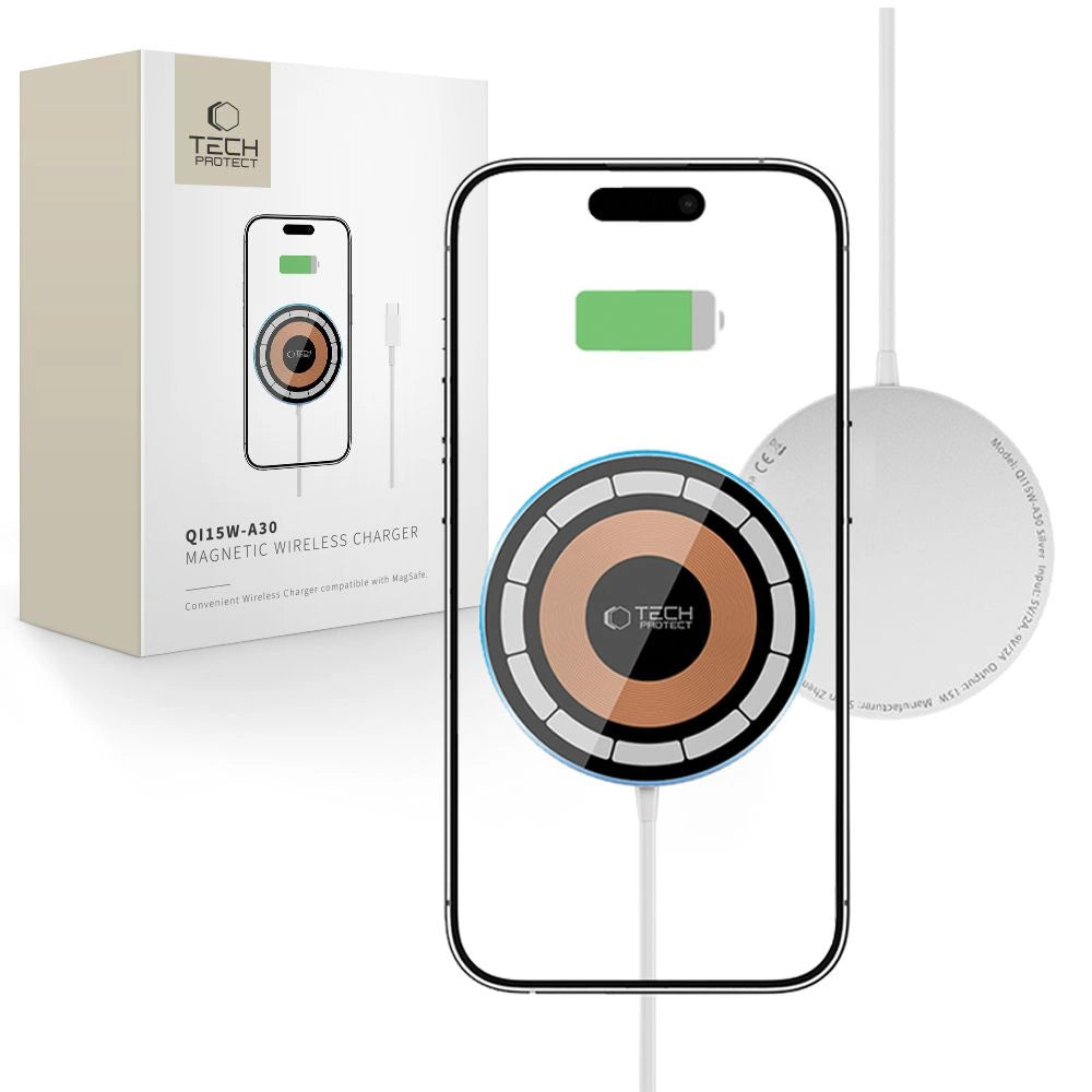 Tech-Protect QI15W-A30 MagSafe induktiv oplader med USB-C-kabel - Silver