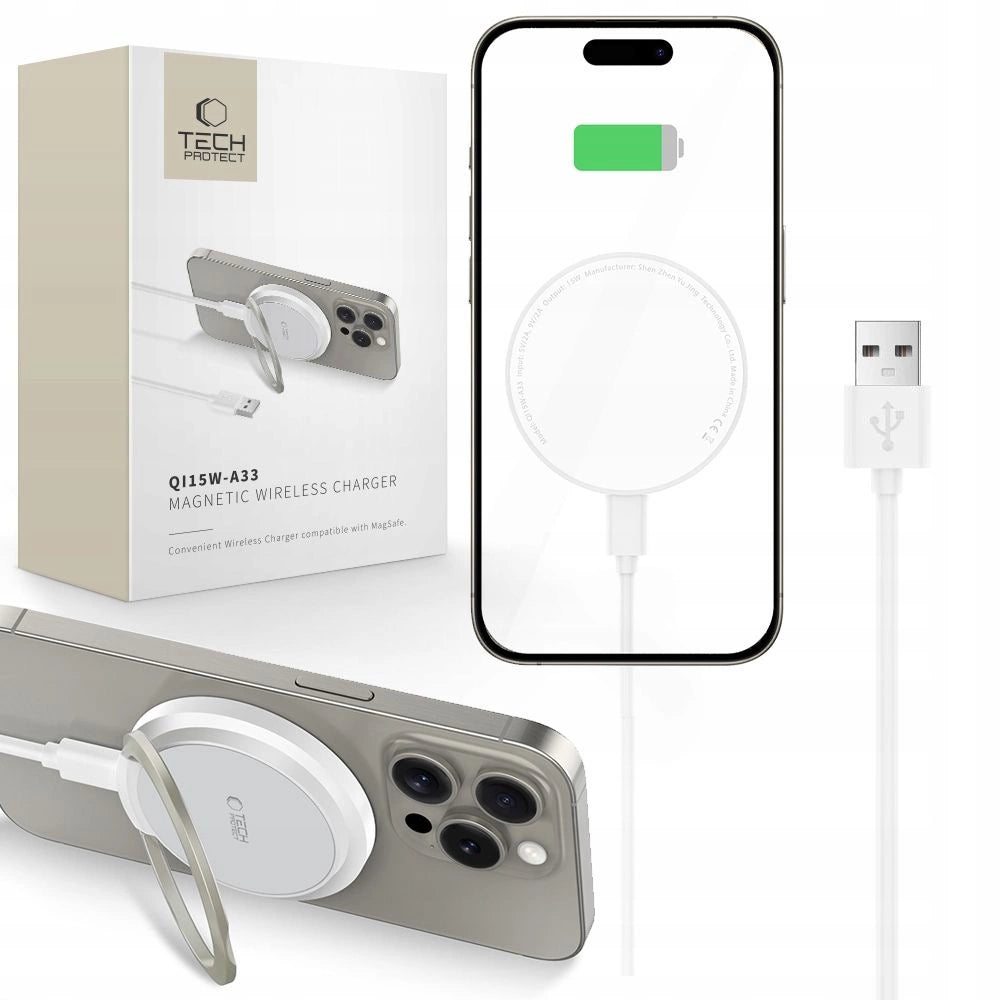 Tech-Protect QI15W-A33 Induktiv oplader med MagSafe og stativ med USB-A / USB-C kabel - hvid