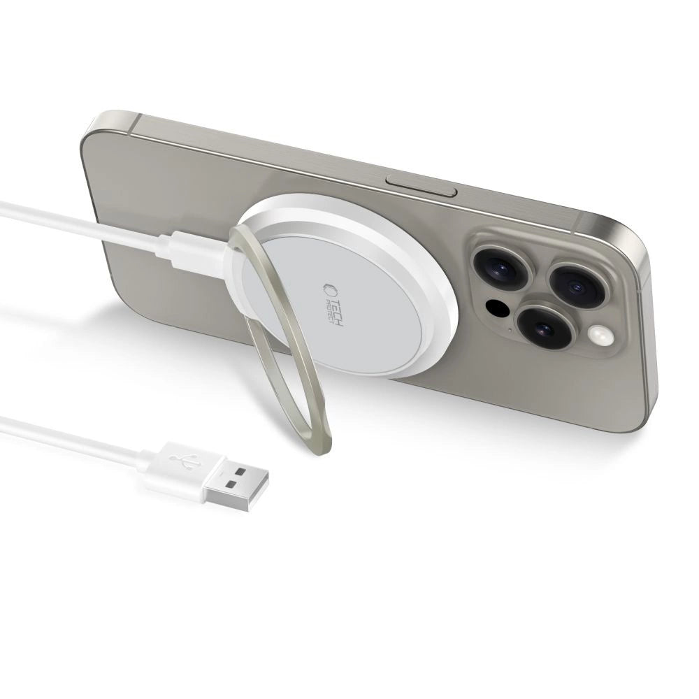 Tech-Protect QI15W-A33 Induktiv oplader med MagSafe og stativ med USB-A / USB-C kabel - hvid