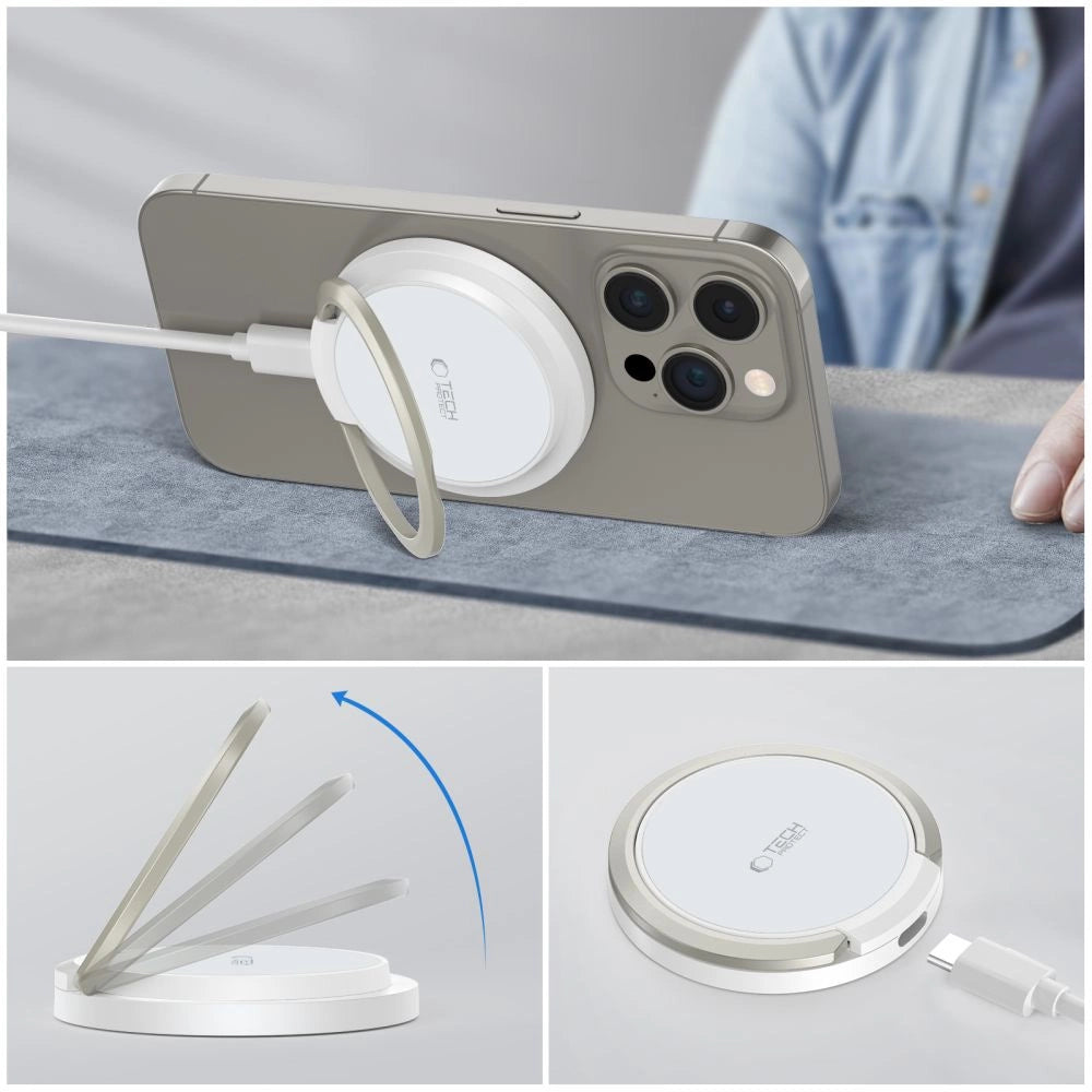 Tech-Protect QI15W-A33 Induktiv oplader med MagSafe og stativ med USB-A / USB-C kabel - hvid