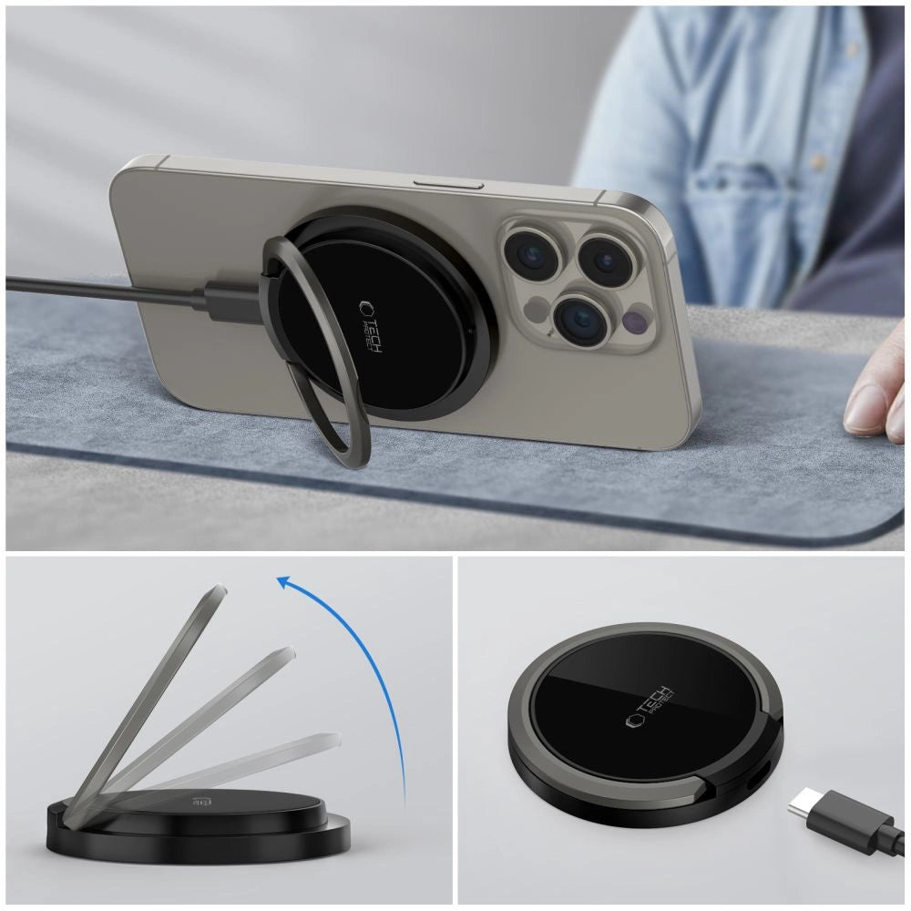 Tech-Protect QI15W-A33 Induktiv oplader med MagSafe og stativ med USB-A / USB-C kabel - sort