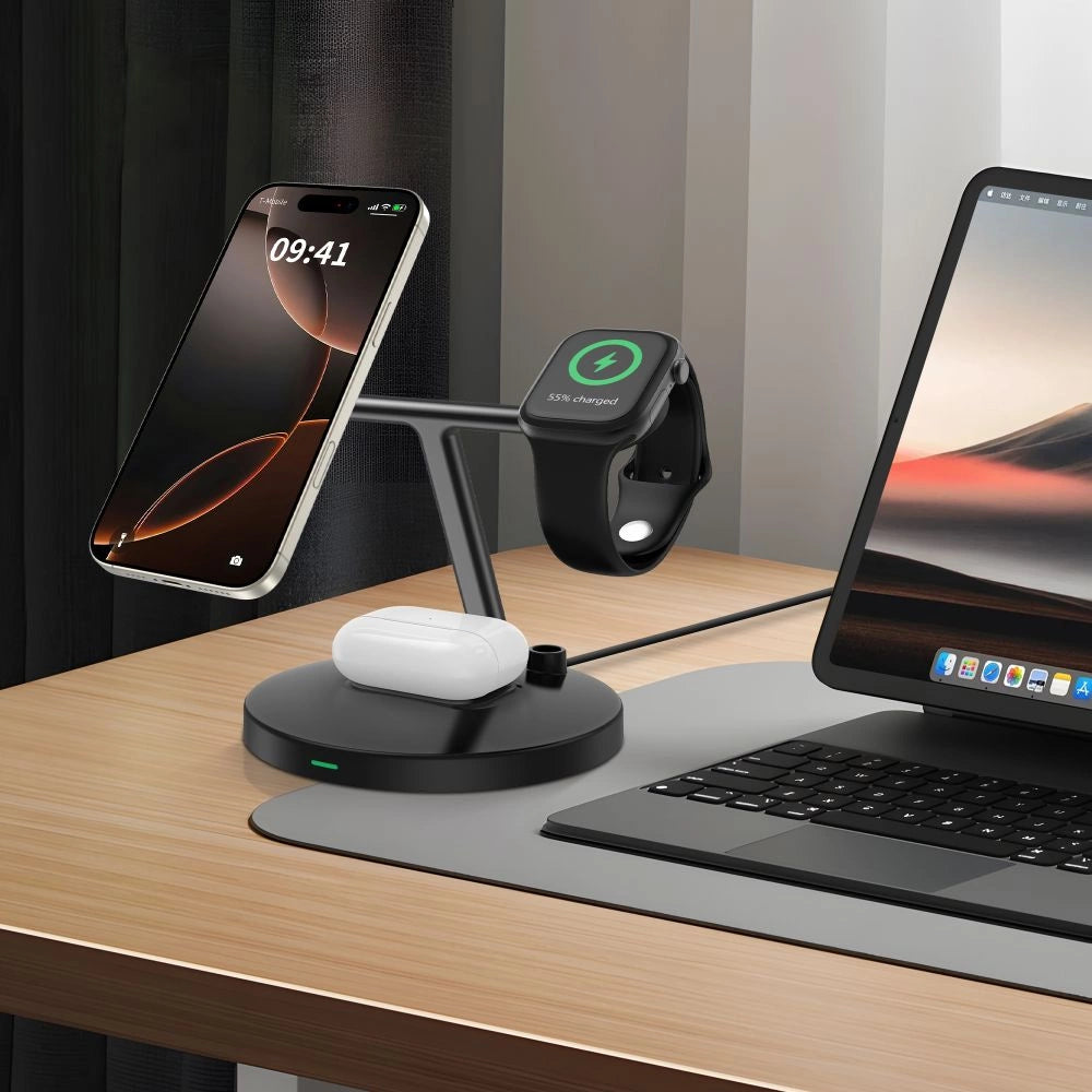 Tech-Protect QI15W-A35 3-i-1-induktiv oplader med MagSafe til telefon / AirPods / Apple Watch - sort