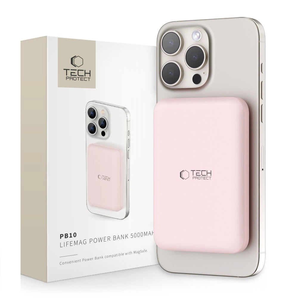 Tech-Protect LifeMag PB10 Powerbank med MagSafe 5000mAh 15W USB-C port - lyserød + USB-C kabel