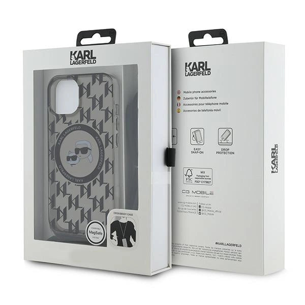 Karl Lagerfeld IML Crossbody Monogram Karl & Choupette Head MagSafe Case for iPhone 15 / 14 / 13 - Black