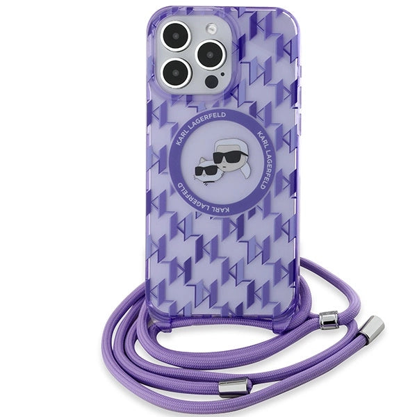 Karl Lagerfeld IML Crossbody Monogram Karl & Choupette Head MagSafe Case for iPhone 15 Pro Max - Purple
