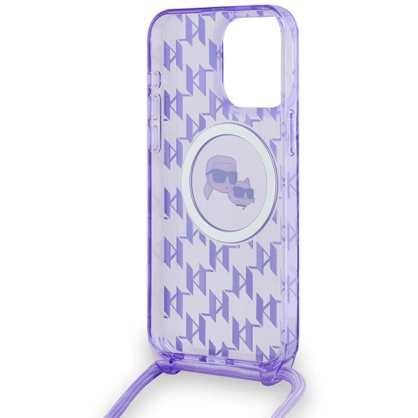 Karl Lagerfeld IML Crossbody Monogram Karl & Choupette Head MagSafe Case for iPhone 15 Pro Max - Purple