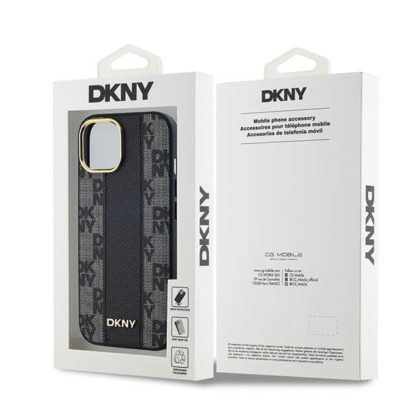 DKNY Leather Checkered Mono Pattern MagSafe Case for iPhone 15/14/13 - Black