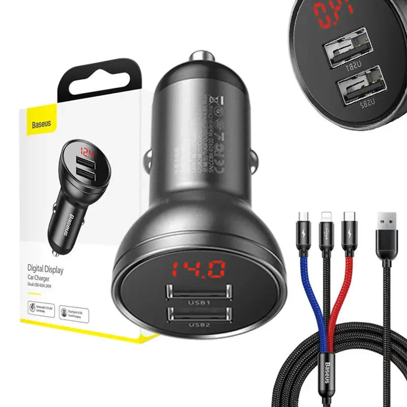 Ładowarka samochodowa Baseus z wyświetlaczem 24W + kabel USB 3w1 Baseus Tre Primære Farver 1,2m